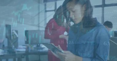 Animation of statistics and financial data processing over businesswoman using tablet in office. Global business, finance, computing and data processing concept digitally generated video.