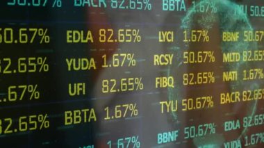 Animation of financial data processing over diverse business people at call center. Global business, finances and digital interface concept, digitally generated video.