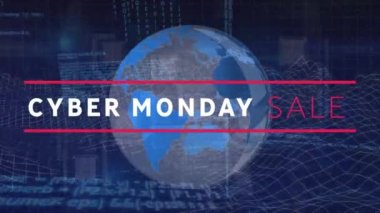 Animation of cyber monday sale text over globe and data processing. Global business and digital interface concept digitally generated video.