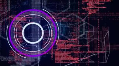 Animation of purple round scanner, data processing and geometric shapes against black background. Computer interface and business technology concept