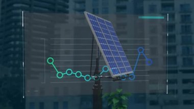 Animation of statistics and financial data processing over solar panels. Global solar energy, sustainability, computing, digital interface and data processing concept digitally generated video.