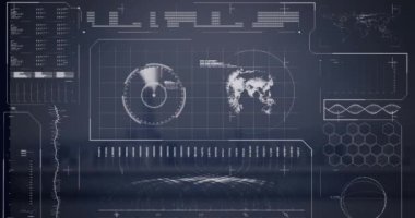 Animation of statistics, data processing over cityscape. Global business, finance and data processing concept digitally generated video.