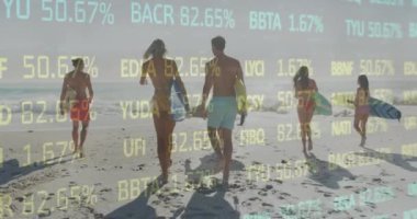 Animation of financial data processing over friends on beach. Global holiday, finance, computing, connections and data processing concept digitally generated video.