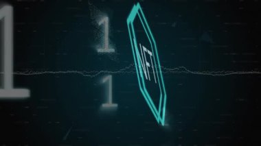 Animation of nft text and data processing on black background. Global technology, computing and digital interface concept digitally generated video.