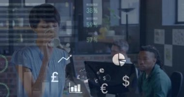 Animation of statistical data processing and digital icons over woman drinking coffee at office. Business data technology concept