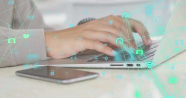 Animation of data processing and networks over man using laptop. Global computing, networks, business, finance and data processing concept digitally generated video.