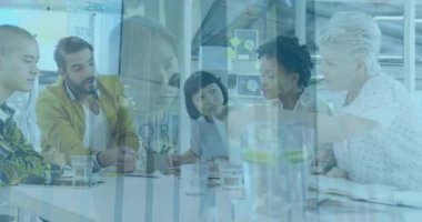 Animation of data processing over diverse business people at office. Global business and digital interface concept digitally generated video.