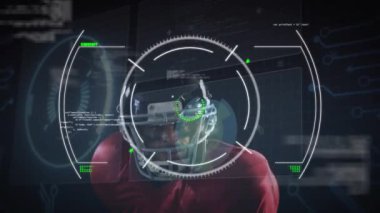 Animation of data processing with scope scanning over caucasian male american football player. Global sport, computing and digital interface concept digitally generated video.