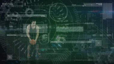 Animation of basketball player, scope scanning and data processing. Global sports, connections, business, finance, computing and data processing concept digitally generated video.