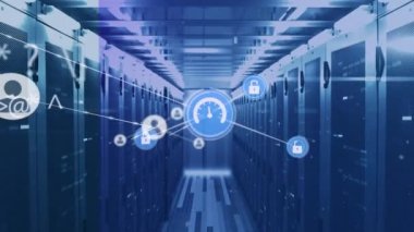 Animation of network of connections with icons and data processing over server room. Global connections, technology and digital interface concept digitally generated video.