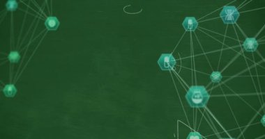 Animation of network of connections with icons over mathematical equations on green background. Global connections and digital interface concept digitally generated video.