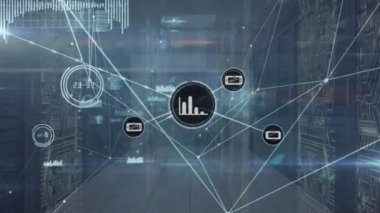 Animation of connected icons, graphs, soundwaves and circuit board pattern over server room. Digital composite, multiple exposure, report, finance, abstract, networking, technology, network server.