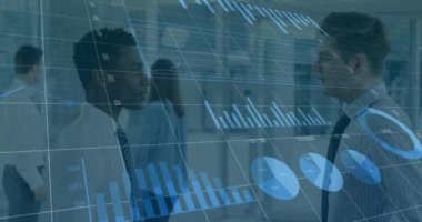 Animation of statistics and financial data processing over business people. Global business, finance, computing and data processing concept digitally generated video.