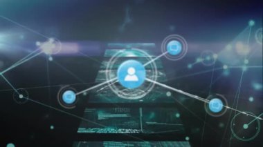 Animation of network of connections with icons and data processing over black background. Global connections, computing and digital interface concept digitally generated video.