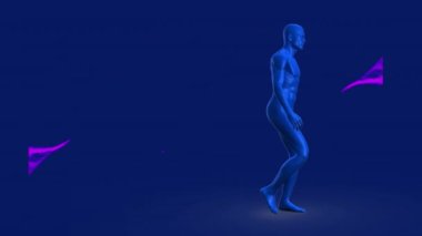 Animation of human body model walking and purple digital waves against blue background. Medical research and business technology concept
