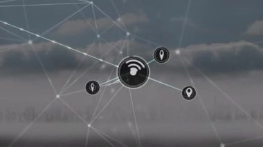 Animation of icons and dots connected with line against dense clouds and city in background. Digital composite, multiple exposure, skyscrapers, nature, communication, abstract and technology concept.
