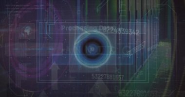 Animation of scope scanning and data processing over server room. Global technology, computing and digital interface concept digitally generated video.