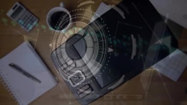 Animation of globe with scope scanning and data processing over desk in office. Global finances, business and digital interface concept digitally generated video.