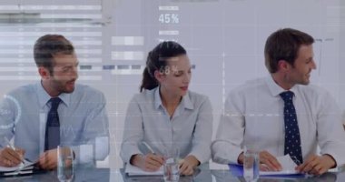 Animation of data processing over diverse business people. Global business, finances, computing and data processing concept digitally generated video.