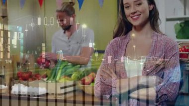Animation of financial data processing and statistics over woman in shop. Global business, finance, data processing and connections concept digitally generated video.