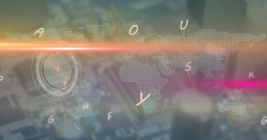 Animation of letters, lens flares, digital clock, connected dots over map on abstract background. Digitally generated, hologram, global, illuminated, communication, time and technology concept.