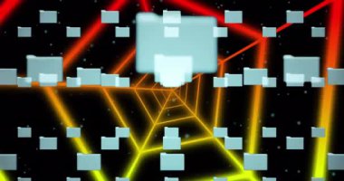 Animation of security padlock icon over hexagonal tunnel in seamless pattern on black background. Cyber security and business technology concept