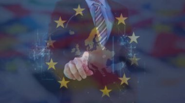 Animation of padlock, data processing and flag of eu. Global finance, business, european union and data processing concept digitally generated video.