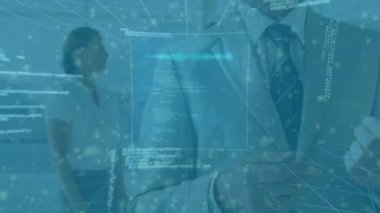 Animation of data processing and yellow spots floating over caucasian businessman talking at office. Computer interface and business technology concept