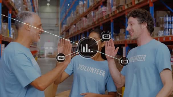 Animation Network Connections Icons Volunteers High Fiving Warehouse Global Shipping — Stockvideo