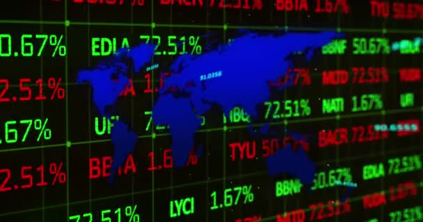 在黑色背景的世界地图上对数据处理和股票市场进行动画 全球商业和数字接口概念数字生成视频 — 图库视频影像