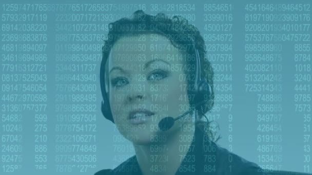 Animation Data Processing Caucasian Woman Using Phone Headset Working Call — Vídeos de Stock