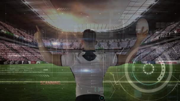 Animation Data Processing Caucasian Rugby Player Stadium Global Sports Connections — Stock Video