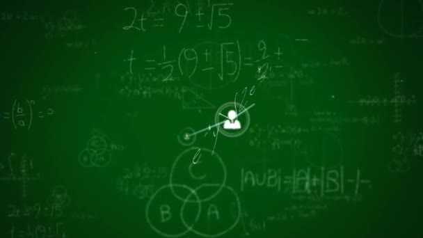 Анимация Сети Связей Иконками Над Математическими Уравнениями Концепция Глобального Делового — стоковое видео