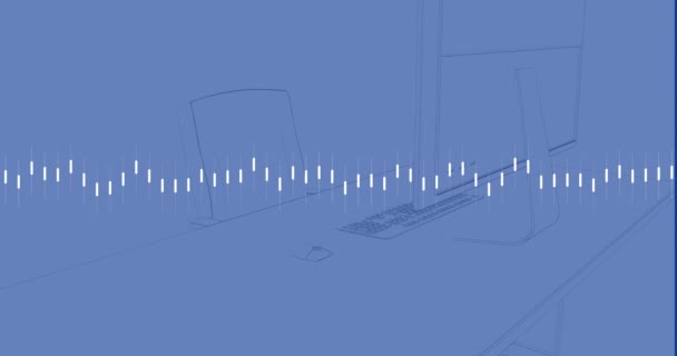 青い背景のオフィスの机のスケッチに対するデータ処理のアニメーション コンピュータインターフェイスとビジネスデータテクノロジーの概念 — ストック動画