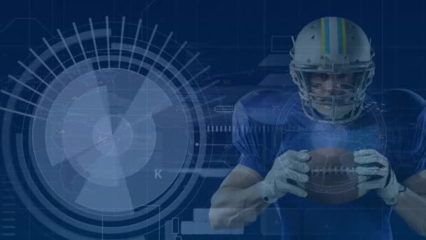 アメリカのサッカー選手に対するコンピュータデータ処理のアニメーション グローバルスポーツ コンピューティング データ処理の概念デジタル生成ビデオ — ストック動画