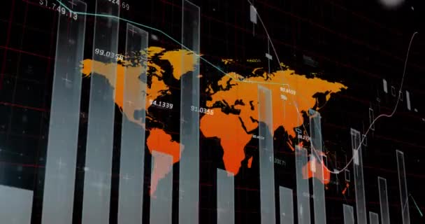 Animation Statistical Data Processing World Map Black Background Global Networking — Stock videók
