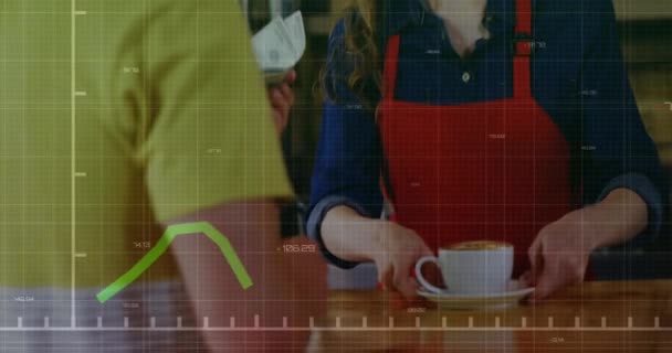 Animation Green Graphs Caucasian Waitress Receiving Cash Payment Cafe Business — Vídeo de Stock