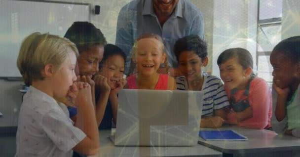 Animation Data Processing Diverse Schoolchildren Male Teacher Using Laptop Global — Wideo stockowe
