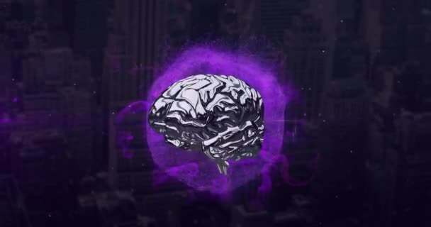 Анимация Цифрового Мозга Огненным Кругом Фиолетовым Дымом Над Городским Пейзажем — стоковое видео