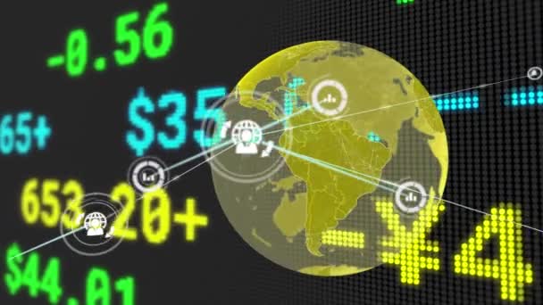 Анимация Сети Связей Иконками Всему Миру Финансовыми Данными Сеть Соединения — стоковое видео