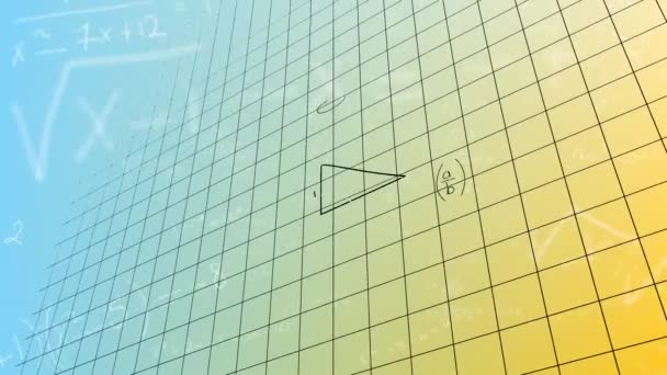 Анімація Математичних Рівнянь Над Мережею Сіток Синьо Жовтому Градієнтному Фоні — стокове відео