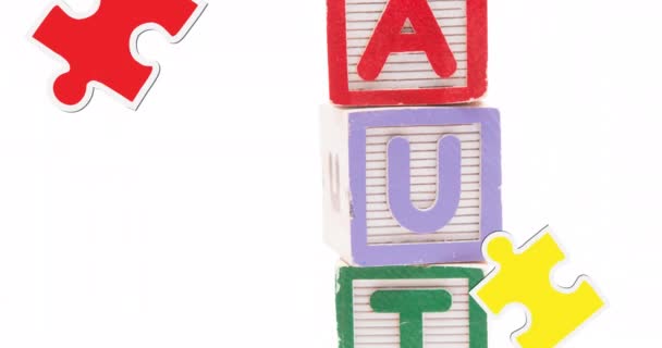 Animation Autism Text Puzzle Pieces White Background Autism Awareness Month — Stok Video