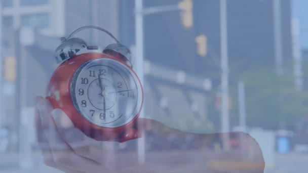 Animation Alarm Clock Data Processing Cityscape Global Business Finance Connections — Vídeos de Stock