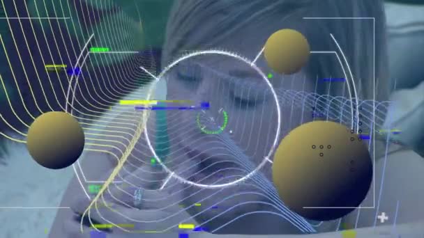 Animation Globes Data Processing Woman Face Global Business Computing Data — Wideo stockowe