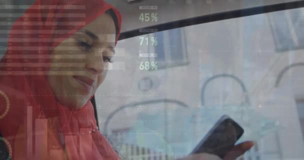 Animation Financial Data Processing Biracial Woman Using Smartphone Global Finances — Vídeo de stock