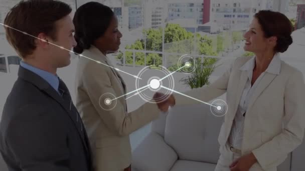 Animation Dots Connected Lines Diverse Coworkers Shaking Hands Talking Office — Stockvideo