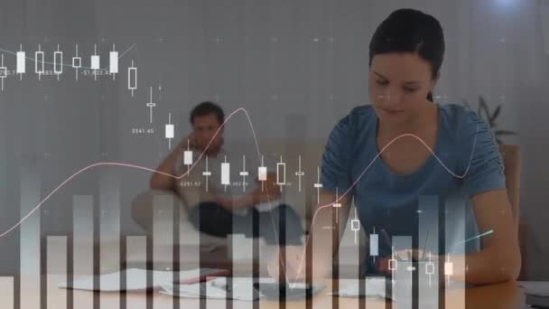 Animation Multiple Graphs Moving Caucasian Woman Calculating Pending Bills Home — Vídeos de Stock