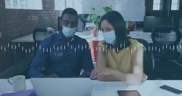 Animation Data Processing Diverse Business People Face Masks Working Office — Vídeo de stock