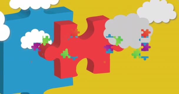 Animation Hope Text Puzzle Pieces Clouds Yellow Background Autism Awareness — Wideo stockowe