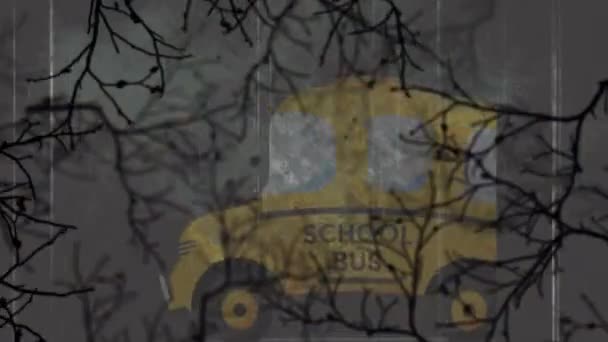 Animation Glitch Effect Creepy Trees School Bus Icon Grey Background — Vídeo de Stock
